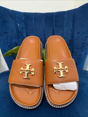 Tory Burch Brown Leather Logo Slide Sandals